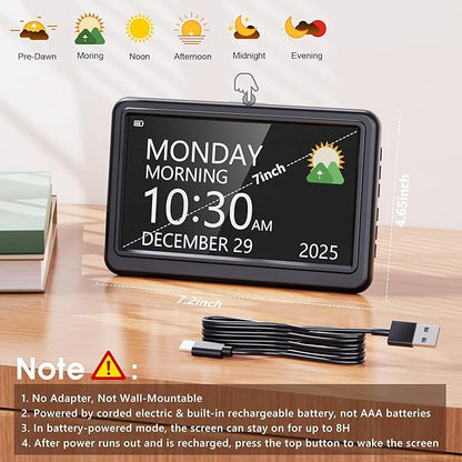 Rechargeable Digital Calendar Alarm Clocks for Senior, 7" Clock with Day and Date for Elderly, 20 Reminders & Alarms, Auto Dimmer/DST, 12 Themes, 18 Ringtones for Dementia Memory Loss, 1024*600 HD