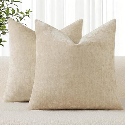 decorUhome Chenille Beige Spring Throw Pillow Covers 16x16 Inch Set of 2, Decorative Soft Couch Pillow Covers Solid Dyed Accent Farmhouse Neutral Square Pillow Cases for Sofa