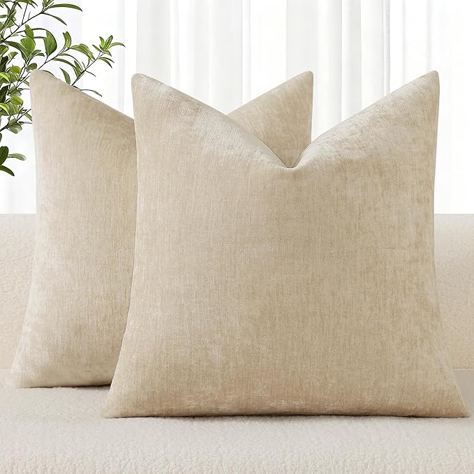 decorUhome Chenille Beige Spring Throw Pillow Covers 22x22 Inch Set of 2, Decorative Soft Couch Pillow Covers Solid Dyed Accent Farmhouse Neutral Square Pillow Cases for Sofa