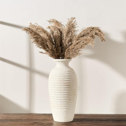 Ceramic Natural Rustic Vase, 14.4 Inch Large Vintage Flower Threaded Decorative Farmhouse Tall Vase for Home Decor, Living Room, Shelf Decor, Wedding, Housewarming Gift, Off-White