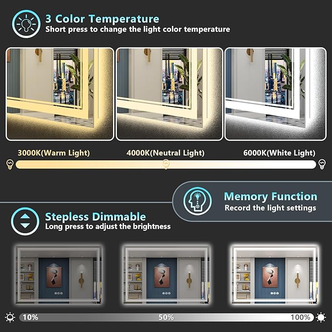 60x40 LED Bathroom Mirror with Lights, Backlit and Front Lit, Anti-Fog Lighted Vanity Mirrors for Bathroom Wall, Dimmable, 3-Color Light, Memory, Shatter-Proof, HD Tempered Glass, CRI＞90