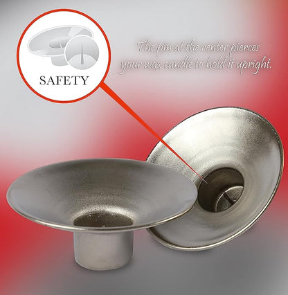 Ner Mitzvah Reusable Metal Candlestick Liners and Drip Guards - Safety Pin Holds Candles in Place - Nickel Plated Protector Bobeches - Silver - 2 Pack