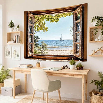 Lifeel Beach Landscape Tapestry, Tropic Ocean Tree Nature Scenic Window Tapestries for Living Room Bedroom Home Decor, 36x48 inches