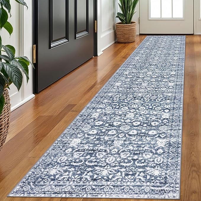 Runner Rug 2x10, Light Blue White Washable Long Hallway Rug Runner Non-Slip Soft Kitchen Runner Thin Printed Faux Wool Super Soft Carpet for Entryway Bedroom Laundry Room Indoor Home Decor