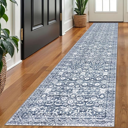Runner Rug 2x10, Light Blue White Washable Long Hallway Rug Runner Non-Slip Soft Kitchen Runner Thin Printed Faux Wool Super Soft Carpet for Entryway Bedroom Laundry Room Indoor Home Decor