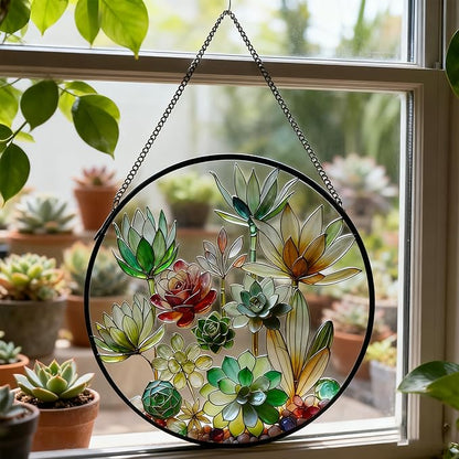 Stained Glass Window Hanging, 9.8'' Succulents Sun Catcher Glass Panel Home Garden Decor with Chain, Green Plants Stained Glass Sunatcher Gift for Nature Lover, Mom, Friends