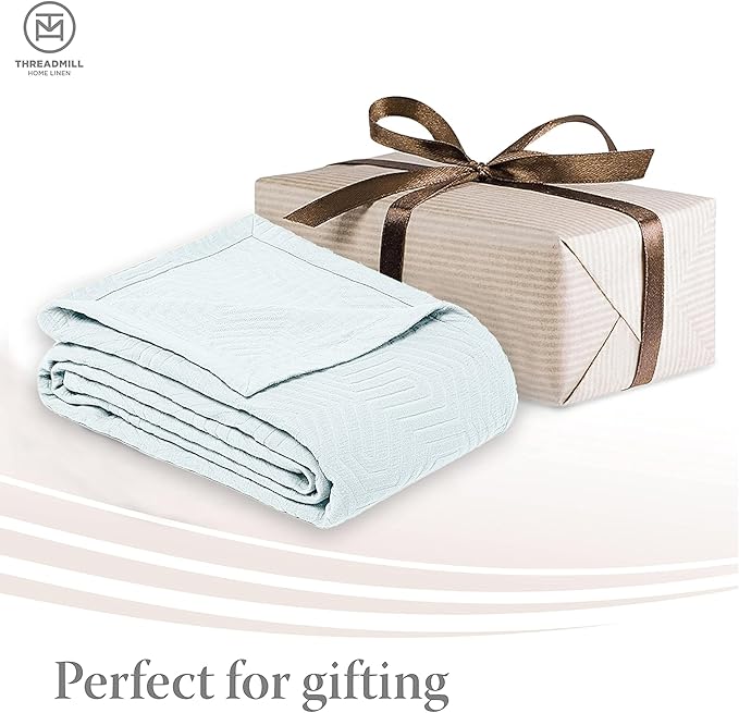 Threadmill Luxury Cotton Blankets for Queen Size Bed | All-Season 100% Cotton Queen Size Blanket | Aster Jacquard Cozy Lightweight, Soft Breathable Coverlet fits Full Size Bed, 90x92 | Light Blue