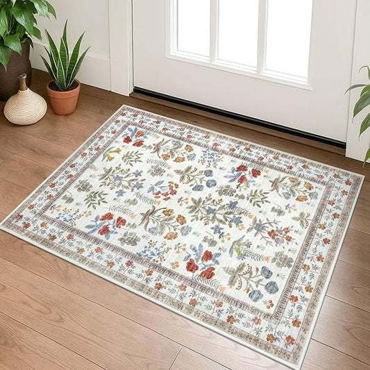 Boho Entryway Rug 2x3 Washable, Ivory Floral Kitchen Rug, Super Thin Faux Wool Small Area Rug, Non-Slip Soft Carpet for Foyer, Bedroom, Office
