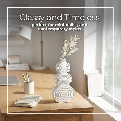 Decorative Flower Vase for Home Decor – Ceramic Modern Flower Vase with Stacked Design, Stylish Table Centerpiece for Living Room or Entry Display, Boho for Faux Flowers and Greenery – 10", White