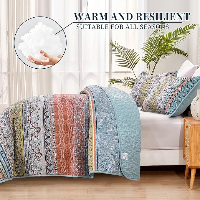 WONGS BEDDING Boho Queen Quilt Set, Pink and Blue Bohemian Quilt Bedding Set, Lightweight Bed Decor Bedspread for All Season Reversible Microfiber Coverlet Bedding Set 96"x90"(3 Pieces)