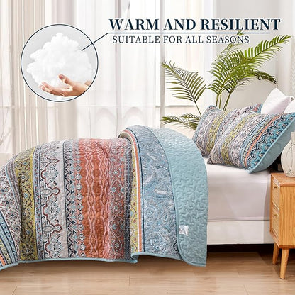 WONGS BEDDING Boho Queen Quilt Set, Pink and Blue Bohemian Quilt Bedding Set, Lightweight Bed Decor Bedspread for All Season Reversible Microfiber Coverlet Bedding Set 96"x90"(3 Pieces)