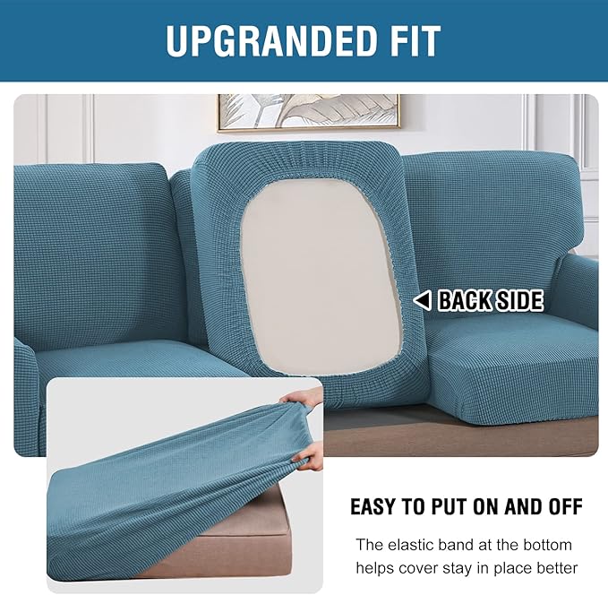 H.VERSAILTEX Multi-Pieces Sofa Covers Stretch Couch Covers Form Fitted Seats and Back Cushions Covers (3 Seat Covers Plus 3 Back Cusion Covers, Bonus 2 Armrest Covers), Storm Blue