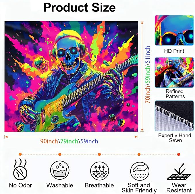 seewan Black Light Skull Guitar Tapestry, Glow-in-the-Dark UV Neon Skull Wearing Headphones Playing Music Wall Hanging, Psychedelic Rock Art Tapestry, Bedroom Dorm Living Room Background Decor