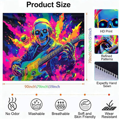 seewan Black Light Skull Guitar Tapestry, Glow-in-the-Dark UV Neon Skull Wearing Headphones Playing Music Wall Hanging, Psychedelic Rock Art Tapestry, Bedroom Dorm Living Room Background Decor