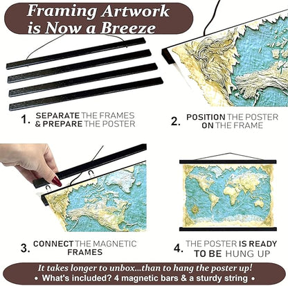DACRI HOME 55" Magnetic Poster Hanger Frame - Sturdy Teak Wood Poster Frame, Strong Magnets for Easy Hanging Map Picture Canvas Print Scroll Wall Art 55x32 55x39 55x40 (55 Inch, Black)