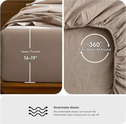 MooMee Bedding Sheet Set 100% Washed Cotton Linen Like Textured Breathable Durable Soft Comfy (Heathered Taupe, King)