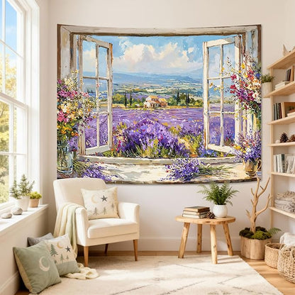 Lifeel Lavender Field Tapestry, Flower Aesthetics Landscape Window Tapestries, Romantic Home Decor for Living Room Bedroom, 44x60 inches