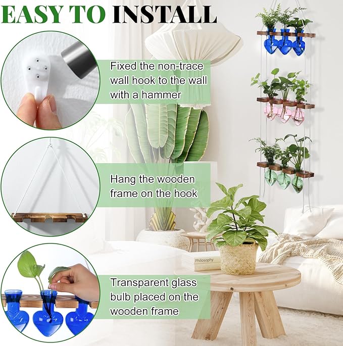 Leinuosen Wall Hanging Plant Propagation Stations 3 Tiered Planter Terrarium with Wooden Stand Home Decor Valentines Gifts for Her Hydroponics Plant Lovers - 9 Glass Vases(Heart Shaped,Multicolor)