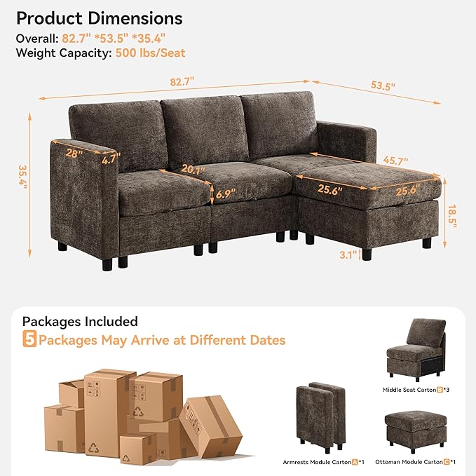 83'' Modular Sectional Sofa Convertible L Shaped Couch Set for Living Room, 4 Seat Storage Modular Sofa with Movable Ottoman, Chenille Brown