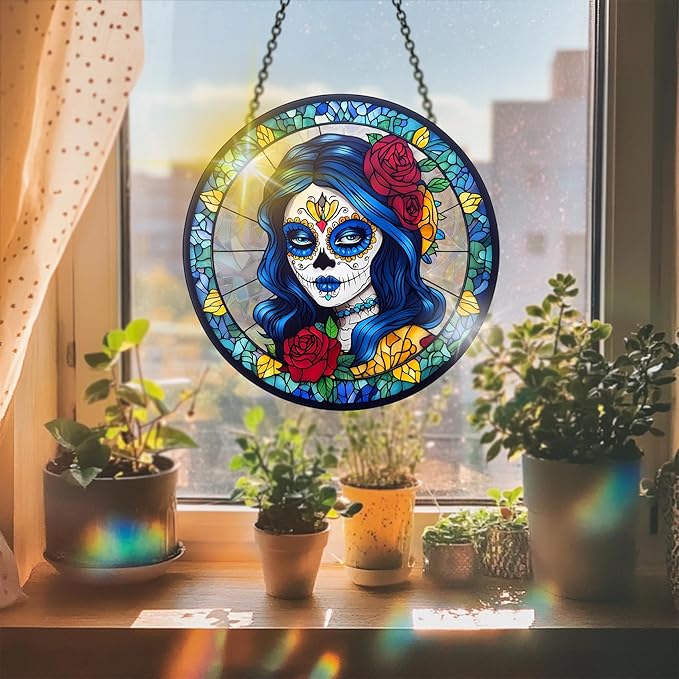 VAIIEYO Skull Women Acrylic Sun Catcher Window Hanging Decoration, 7.8 Inch Double-Sided Light Reflecting Ornament for Window, Garden, Porch or Balcony Decor, Housewarming, Gift for Natural Lovers