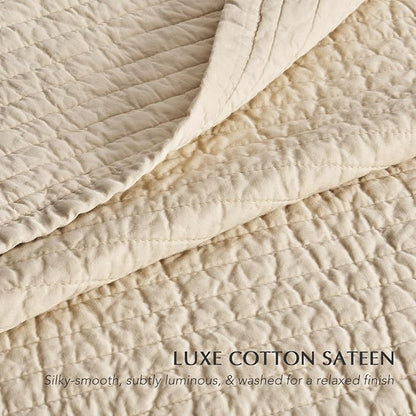 EVERGRACEHOME Cotton Sateen Quilt Set King Size, Pre-Washed Cotton Channel Stitch Coverlet Bedspread, 3 Pieces Lightweight Soft Bedding Sets for All Season, with 2 Pillow Shams, Light Sand