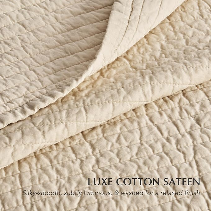 EVERGRACEHOME Cotton Sateen Quilt Set Queen Size, Pre-Washed Cotton Channel Stitch Coverlet Bedspread, 3 Pieces Lightweight Soft Bedding Sets for All Season, with 2 Pillow Shams, Light Sand