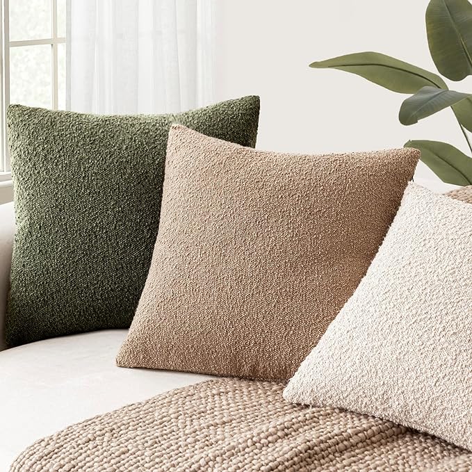Foindtower Decorative Textured Boucle Throw Pillow Covers Accent Solid Pillow Cases Neutral Soft Cozy Couch Cushion Case for Chair Sofa Bedroom Living Room Home Decor 22x22 Inch,1PC,Moss Green