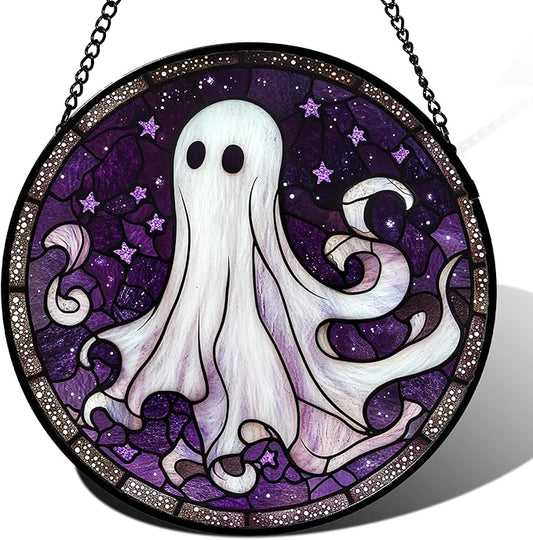 DASTOLL Stained Glass Window Hanging - Halloween Decorations White Ghost Purple Stars Suncatcher for Doors Garden Spooky Funny Sun Catchers Gothic Decor Horror Gifts for Women Men Friend 9.8 in