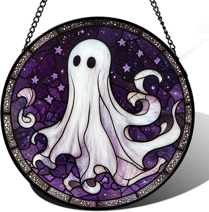DASTOLL Stained Glass Window Hanging - Halloween Decorations White Ghost Purple Stars Suncatcher for Doors Garden Spooky Funny Sun Catchers Gothic Decor Horror Gifts for Women Men Friend 11.8 in