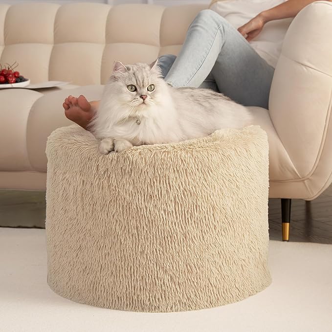Hansleep Pouf Ottoman Foam Filled 20 x 15, Faux Fur Round Ottoman Foot Rest for Chair with Washable Cover, Foot Stools Under Desk for Living Room & Bedroom, Brown