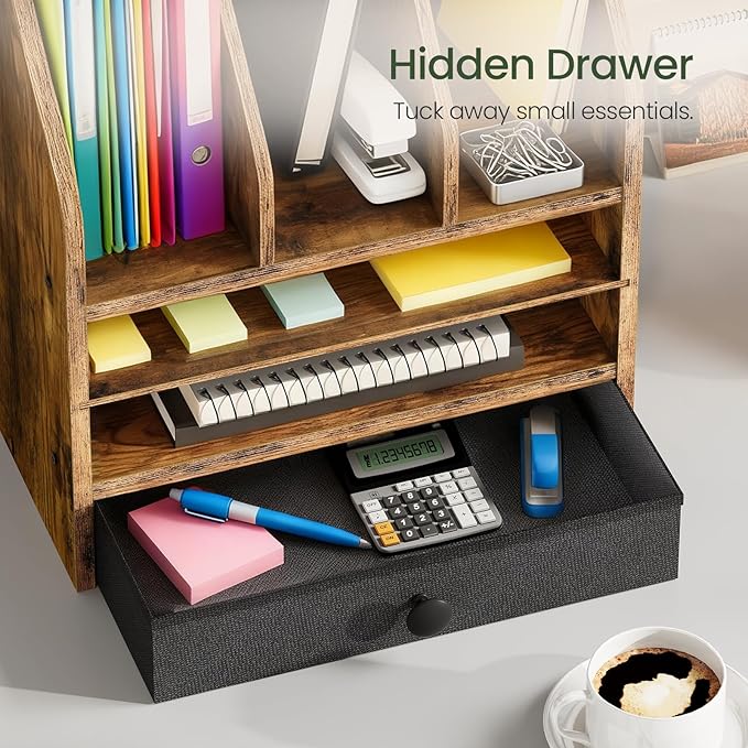 Wooden Desk Organizer with Removable Shelf and Fabric Drawer, Multi-Compartment Desktop File Holder for Home Office Storage, Desktop Mail Organizer, Rustic Brown MWJ05FG