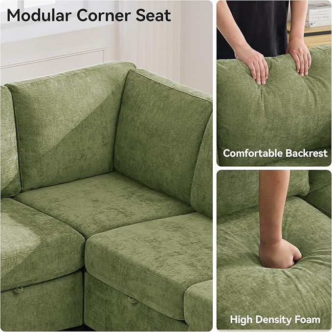 104'' V Shaped Modular Sofa, Sectional Couch with Storage for Living Room, Modern 7 Seater Cloud Sectional Couch with Movable Ottoman, Chenille Green