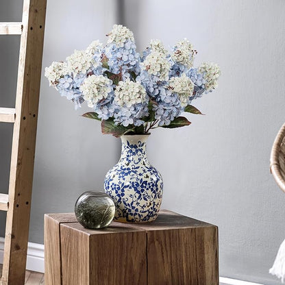 Hydrangea Artificial Flowers,Fall Hydrangeas Artificial Flowers,Blue Fake Fall Dried Hydrangea Flowers Decoration,Faux Silk Flower with Stems Winter Decor(Blue 24" 8pcs) Without Vase