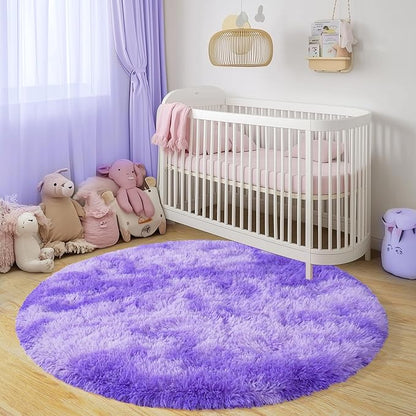 Round Fluffy Rugs 6Ft for Girls Bedroom, Tie-Dyed Purple Shag Circle Kids Rug Non-Slip for Bedside Dorm Nursery Playroom, Soft Cute Area Rugs for Living Room Decor