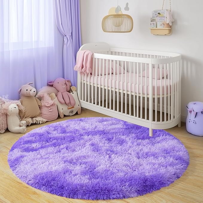 Round Fluffy Rugs 4Ft for Girls Bedroom, Tie-Dyed Purple Shag Circle Kids Rug Non-Slip for Bedside Dorm Nursery Playroom, Soft Cute Area Rugs for Living Room Decor