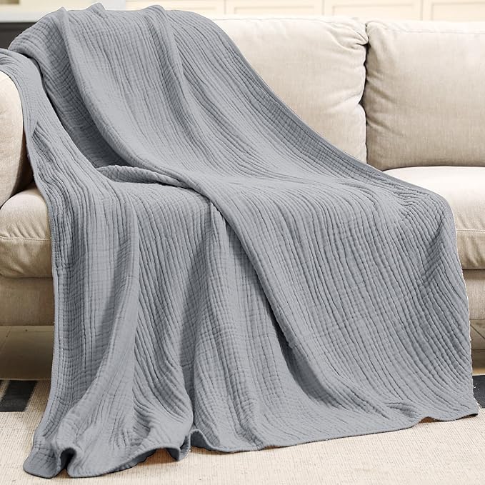Yoofoss Muslin Blanket 100% Organic Cotton Throw Large 50" x 60" for Bed Couch Summer Gauze Blanket for Adults Lightweight and Breathable Grey