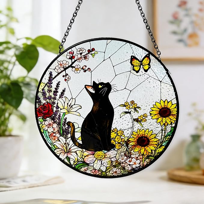 Cat Stained Glass Suncatcher Window, Hanging Sun Catchers Indoor Window, Suncatcher for Mom/Women (Black)