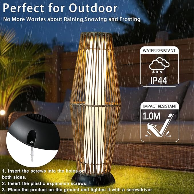 TRIROCKS Outdoor Floor Lamp 2 Piece Solar Powered Lantern Wicker Solar Patio Lamp with Olifen Rope Waterproof Rattan Outside Solar Deck Light for Patio Garden Lawn Yard (Grey)