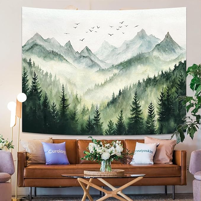kampdream Landscape Tapestry, Scenery Art Wall Tapestries, Nature Wall Decor for Bedroom Living Room Backdrop Green Watercolor Mountain 36×48 inches