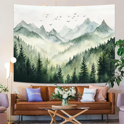 kampdream Landscape Tapestry, Scenery Art Wall Tapestries, Nature Wall Decor for Bedroom Living Room Backdrop Green Watercolor Mountain 44×60 inches