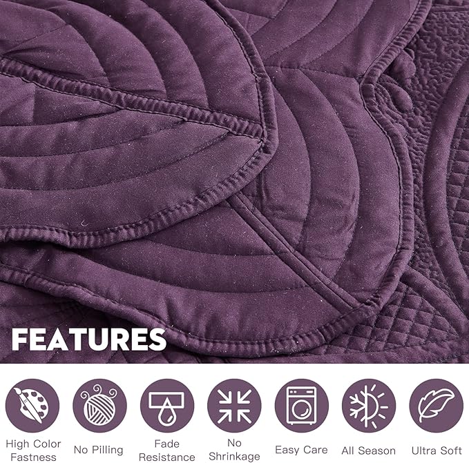 Oversized Bedspread - Queen Size Bedding Cover - Modern & Contemporary Coverlet Set, Real Stitching, Reversible, Lightweight, 5 Piece, Purple