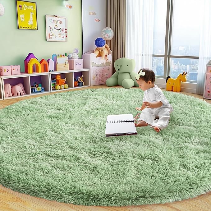 Round Fluffy for Bedroom Rugs, 6Ft Sage Green Shag Circle Rug Non-Slip for Kids Girls Boys Bedroom Dorm Nursery Playroom, Soft Cute Area Rugs for Living Room Decor