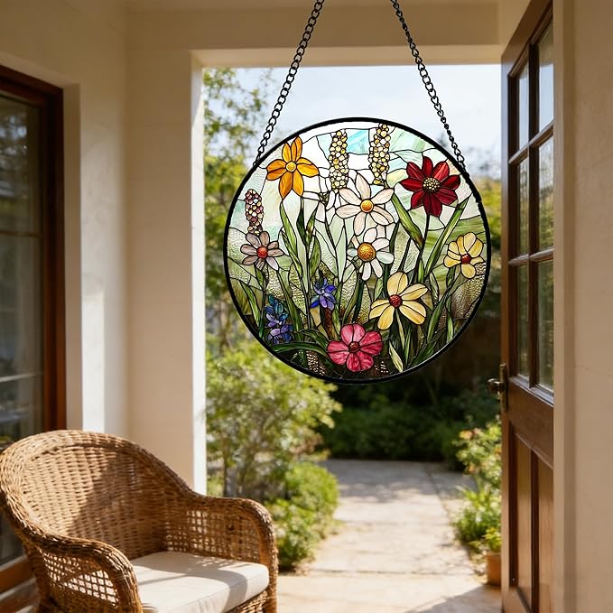 DASTOLL Stained Glass Window Hanging, Colorful Wildflowers Plant Scenery Suncatcher for Doors Window Home White Green Sun Catchers Decor Mother's Day Birthday Gifts for Women, Men Mom 15 in