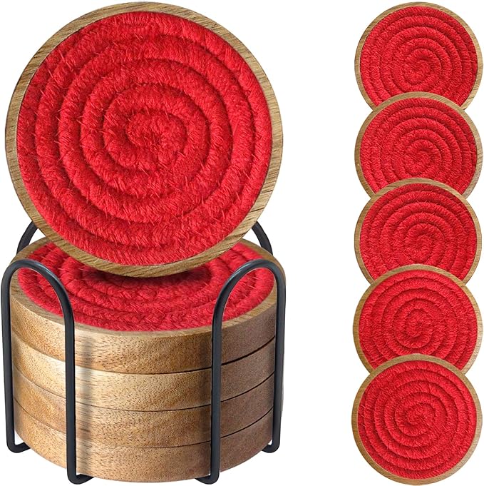 Coasters for Drinks Absorbent Sets of 5, Woven Coasters with Holder, Housewarming Gift for Farmhouse Home Decor, 4 inches (Red)