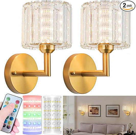 Battery Operated Wall Sconces Set of 2, Wireless Wall Light with 10000mAh RGB Dimmable Magnetic Bulb, Rechargeable Wall Sconce with Remote Control for Bedroom Living Room