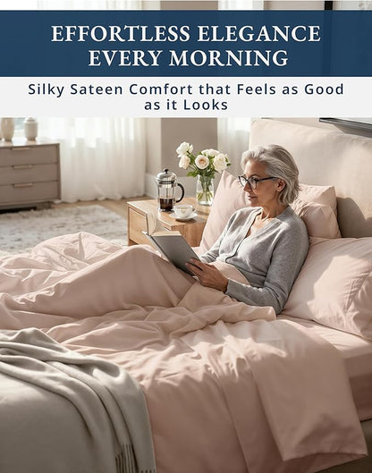100% Egyptian Cotton Sheets Queen Size - 1000 Thread Count Naturally Cooling & Breathable, Silky Sateen Weave Queen Sheet Set, Soft & Durable Hotel Luxury Sheets, 15" Snug Fit Deep Pockets -Sepia Rose