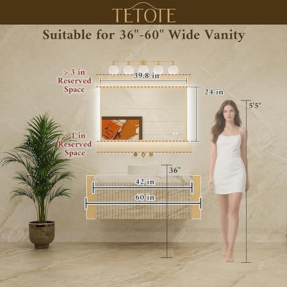 TETOTE 40 x 24 Backlit Mirror Brushed Black Metal Frame LED Light Vanity 3-Color White/Warm/Natural Stepless Dimmable Anti-Fog Backlight Mirror Wall-Mounted