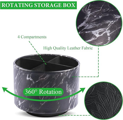 Round Leather Art Supply Organizer,Remote Control Holder,360-degree Rotating Pen Organizer with 4 Compartments(1-Marble Black Silver)