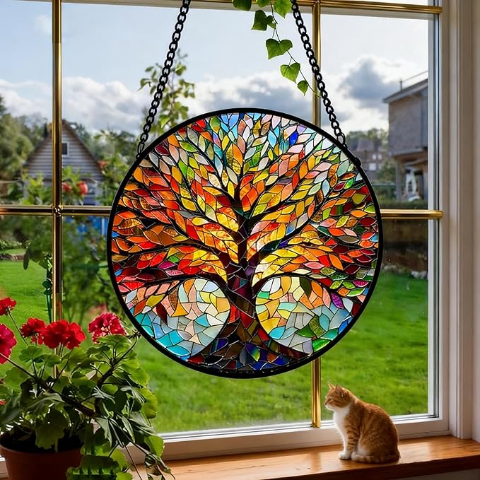 Stained Glass Window Hanging, Tree of Life Sun Catcher, Sun Catchers Indoor Window, Colorful Glass Panel,Suncatcher Room Decor,Gifts for Grandma Mom Wife,Aunt Birthday Gifts for Women 7.8in