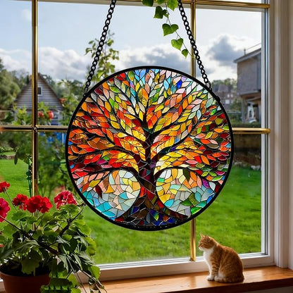 Stained Glass Window Hanging, Tree of Life Sun Catcher, Sun Catchers Indoor Window, Colorful Glass Panel,Suncatcher Room Decor,Gifts for Grandma Mom Wife,Aunt Birthday Gifts for Women 7.8in